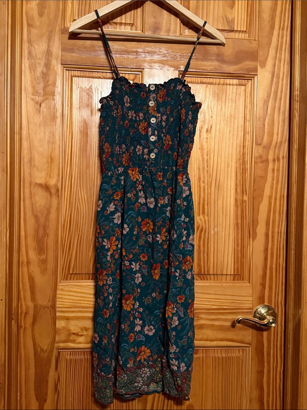 Angie Teal Floral Smocked Midi Dress with Buttons